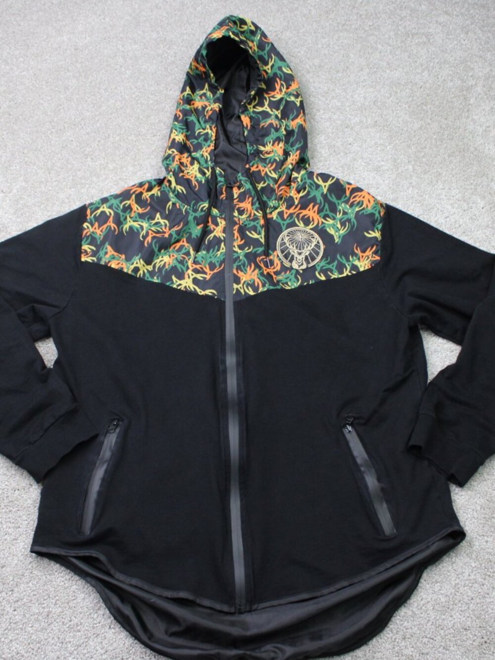 Jagermeister Jacket Women 2XL XXL Black Full Zip Antler Print Hooded Fleece Coat